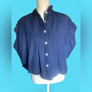 Sancia Navy Blue Tencel Linen Blend Button Down Cap Sleeve Cropped‎ Shirt XS